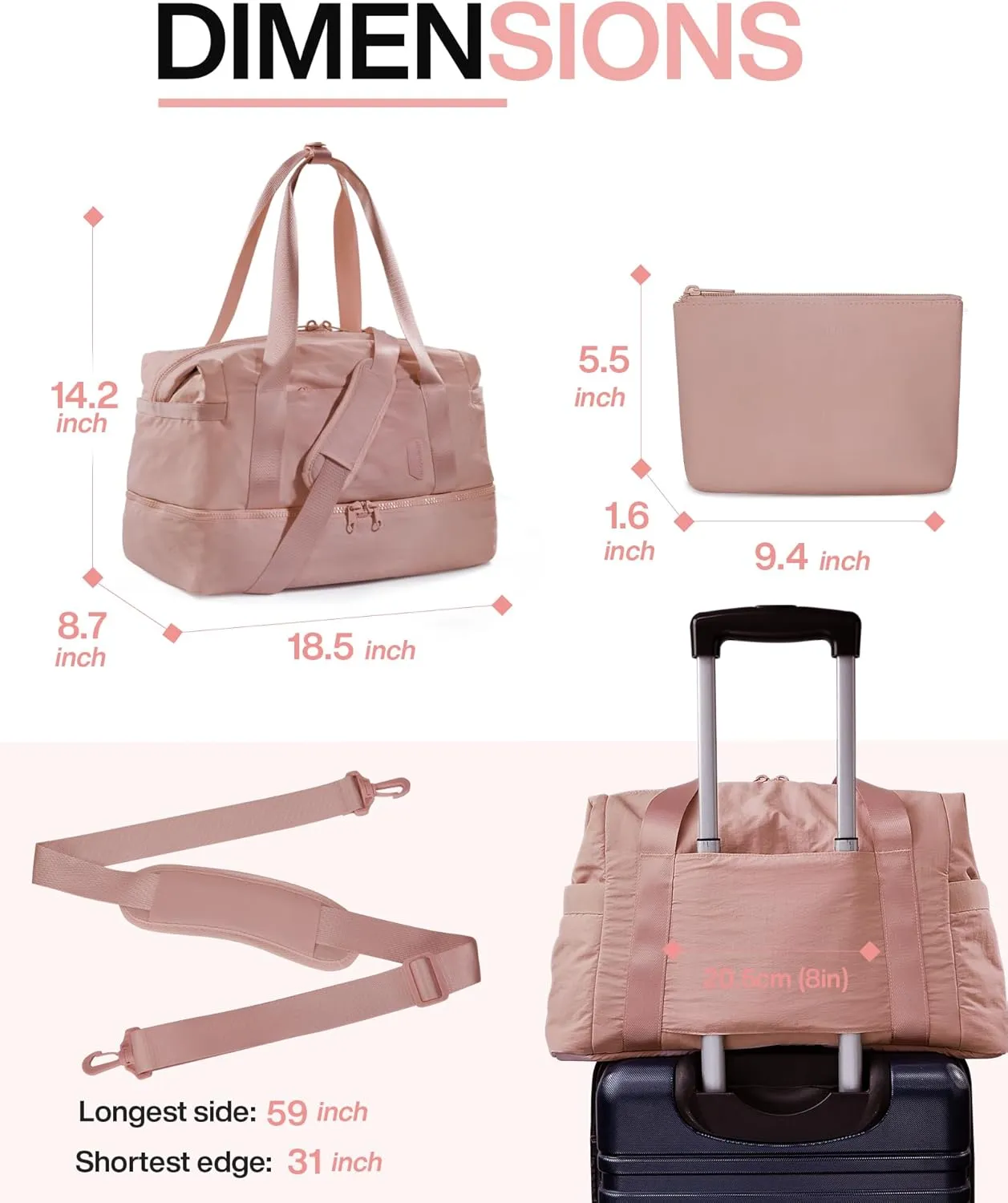 Weekender Bags for Women, BAGSMART Travel Duffel Bags with Shoe Compartment,Personal Item Travel Bag for Airlines, Carry on Overnight Tote Bag with Toiletry Bag(Dark Pink,2pcs)