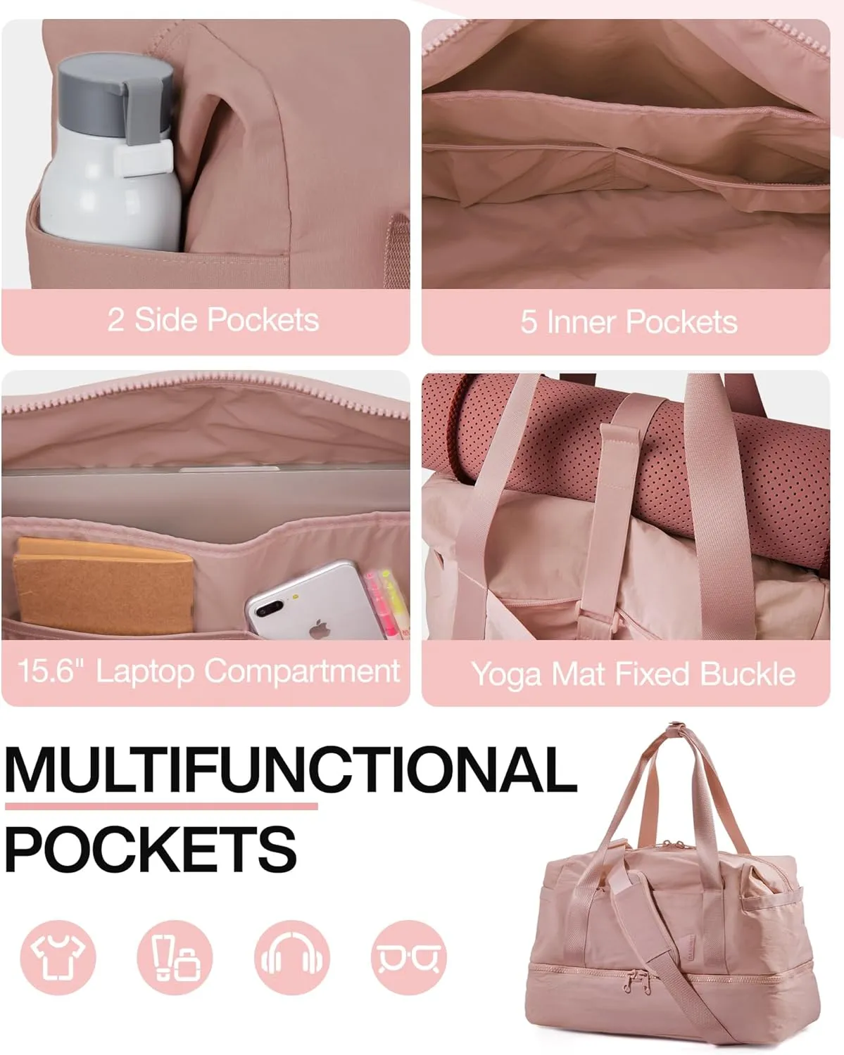 Weekender Bags for Women, BAGSMART Travel Duffel Bags with Shoe Compartment,Personal Item Travel Bag for Airlines, Carry on Overnight Tote Bag with Toiletry Bag(Dark Pink,2pcs)