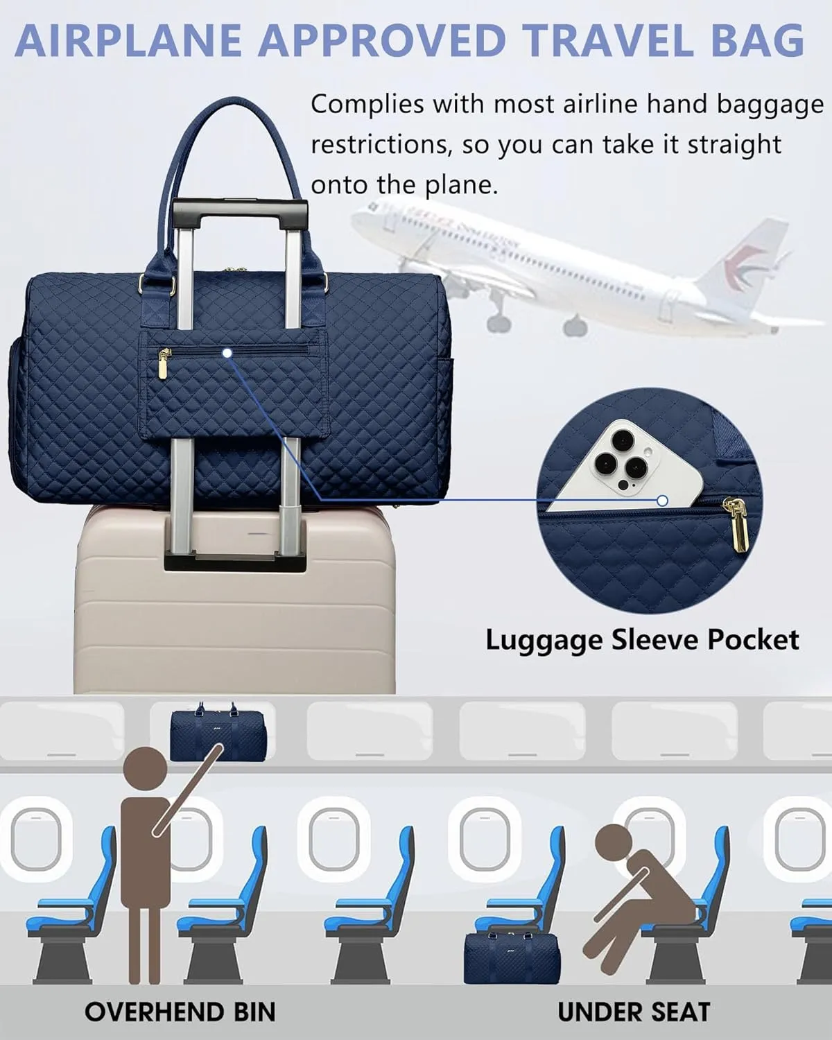 Weekender Travel Duffle Bag for Women - Carry on Bag with Shoe Compartment Overnight Bags with Toiletry Bag Wet Pocket Weekend Traveling Yoga Gym Hospital Bags for Labor and Delivery Blue