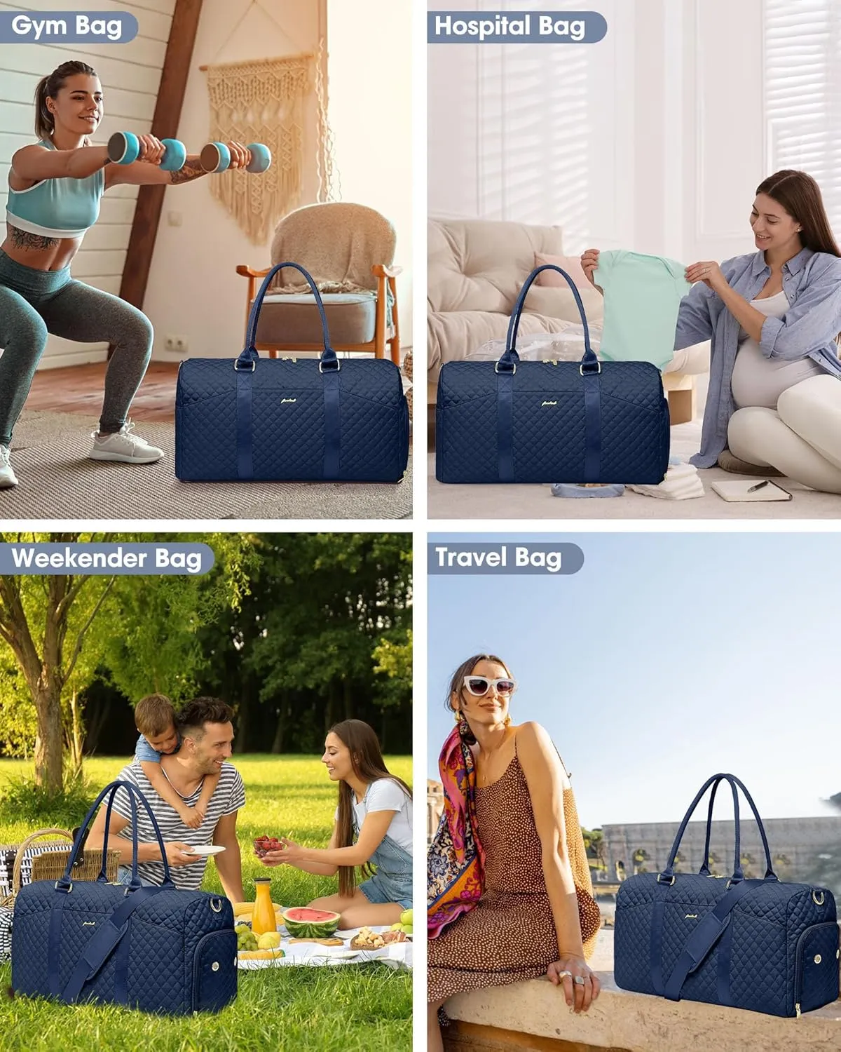 Weekender Travel Duffle Bag for Women - Carry on Bag with Shoe Compartment Overnight Bags with Toiletry Bag Wet Pocket Weekend Traveling Yoga Gym Hospital Bags for Labor and Delivery Blue