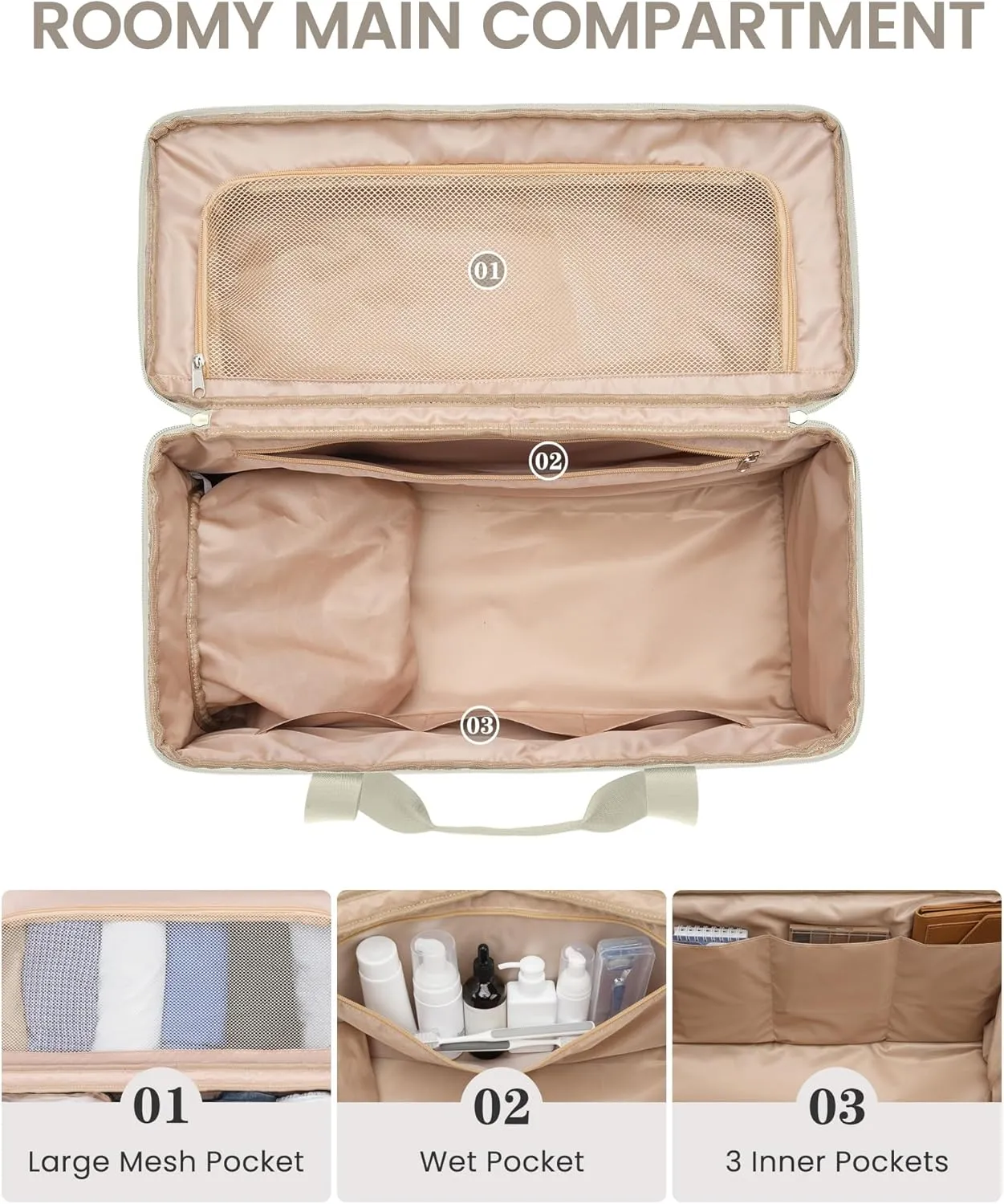 Weekender Travel Duffle Bag for Women: Overnight Bags with Shoe Compartment Carry on Bags for Airplanes with Toiletry Bag Weekend Yoga Gym Bag with Wet Pocket Beige