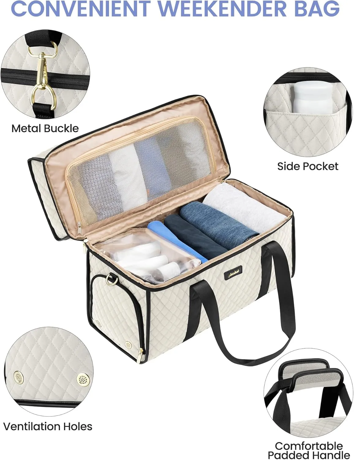 Weekender Travel Duffle Bag for Women: Overnight Bags with Shoe Compartment Carry on Bags for Airplanes with Toiletry Bag Weekend Yoga Gym Bag with Wet Pocket Beige