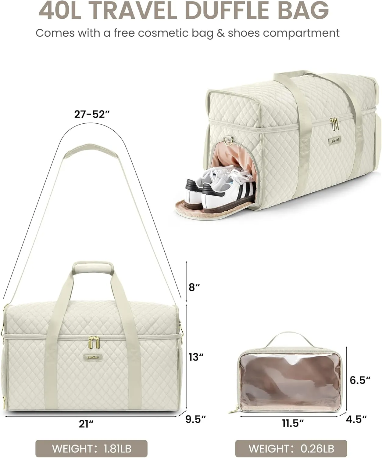 Weekender Travel Duffle Bag for Women: Overnight Bags with Shoe Compartment Carry on Bags for Airplanes with Toiletry Bag Weekend Yoga Gym Bag with Wet Pocket Beige