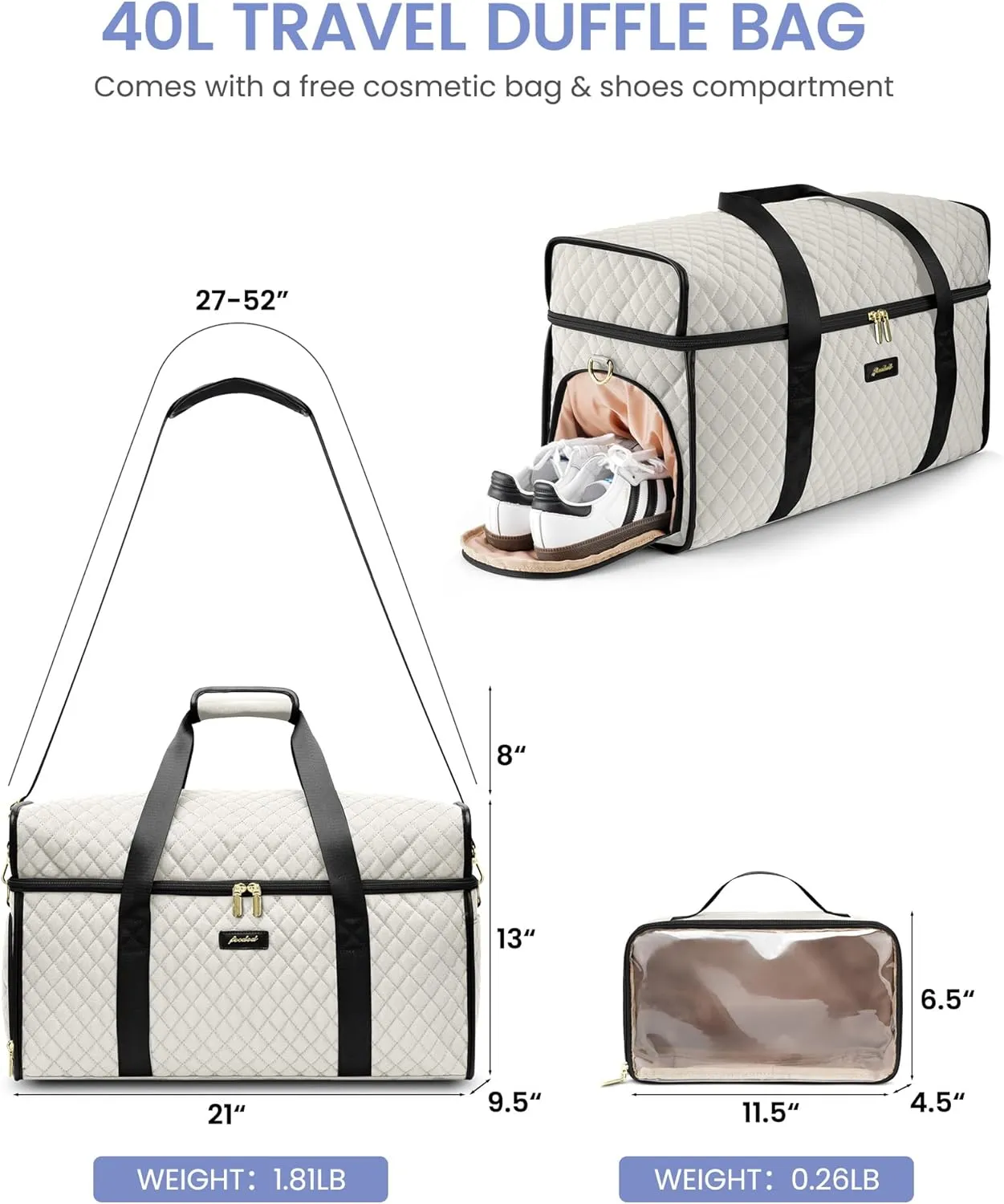 Weekender Travel Duffle Bag for Women: Overnight Bags with Shoe Compartment Carry on Bags for Airplanes with Toiletry Bag Weekend Yoga Gym Bag with Wet Pocket Beige
