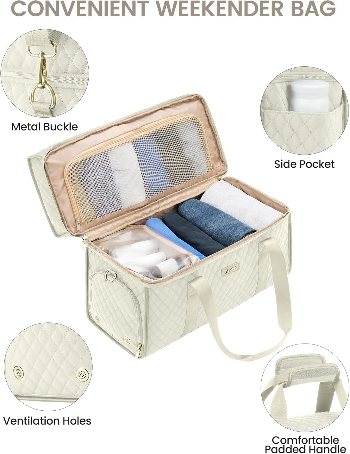 Weekender Travel Duffle Bag for Women: Overnight Bags with Shoe Compartment Carry on Bags for Airplanes with Toiletry Bag Weekend Yoga Gym Bag with Wet Pocket Beige