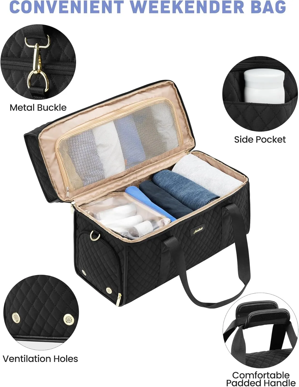 Weekender Travel Duffle Bag for Women: Overnight Bags with Shoe Compartment Carry on Bags for Airplanes with Toiletry Bag Weekend Yoga Gym Bag with Wet Pocket Black