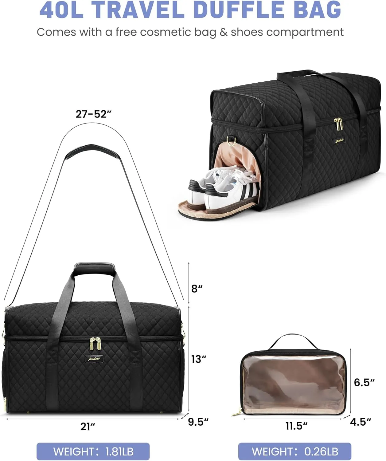 Weekender Travel Duffle Bag for Women: Overnight Bags with Shoe Compartment Carry on Bags for Airplanes with Toiletry Bag Weekend Yoga Gym Bag with Wet Pocket Black
