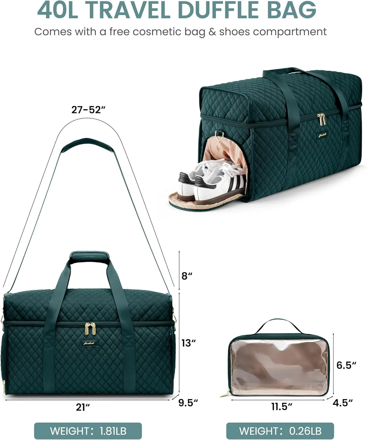 Weekender Travel Duffle Bag for Women: Overnight Bags with Shoe Compartment Carry on Bags for Airplanes with Toiletry Bag Weekend Yoga Gym Bag with Wet Pocket Green