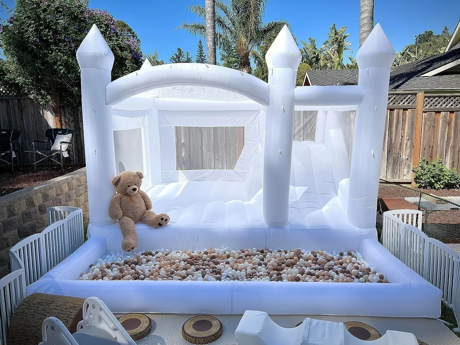 White Bounce House for Big Kids 8-12 with Slide Ball Pit Blower White Oxford Inflatable 15FTx 14FT Kids Birthday Party, Robust and Easy to Install with Repair Kit