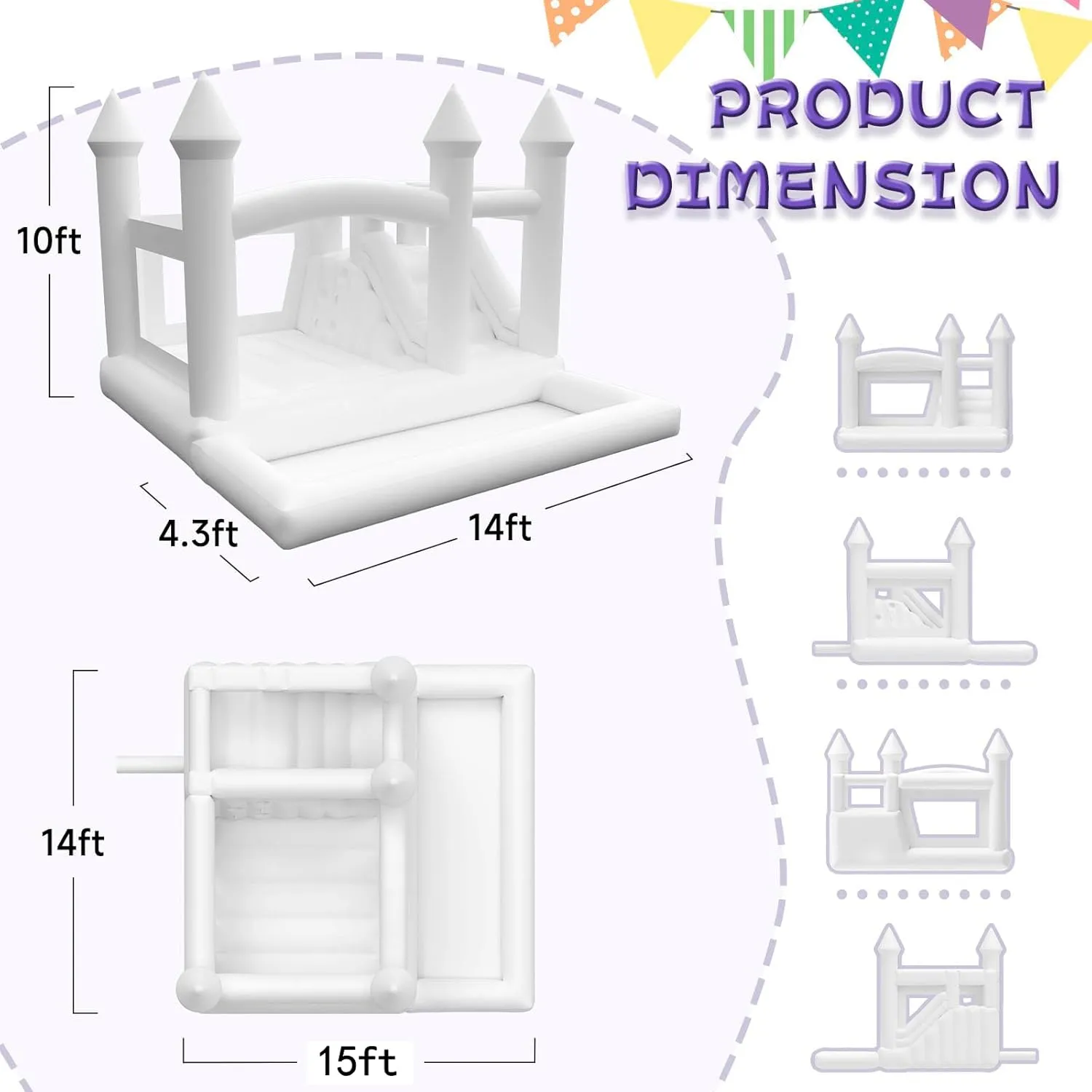 White Bounce House for Big Kids 8-12 with Slide Ball Pit Blower White Oxford Inflatable 15FTx 14FT Kids Birthday Party, Robust and Easy to Install with Repair Kit