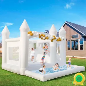 White Bounce House for Big Kids 8-12 with Slide Ball Pit Blower White Oxford Inflatable 15FTx 14FT Kids Birthday Party, Robust and Easy to Install with Repair Kit