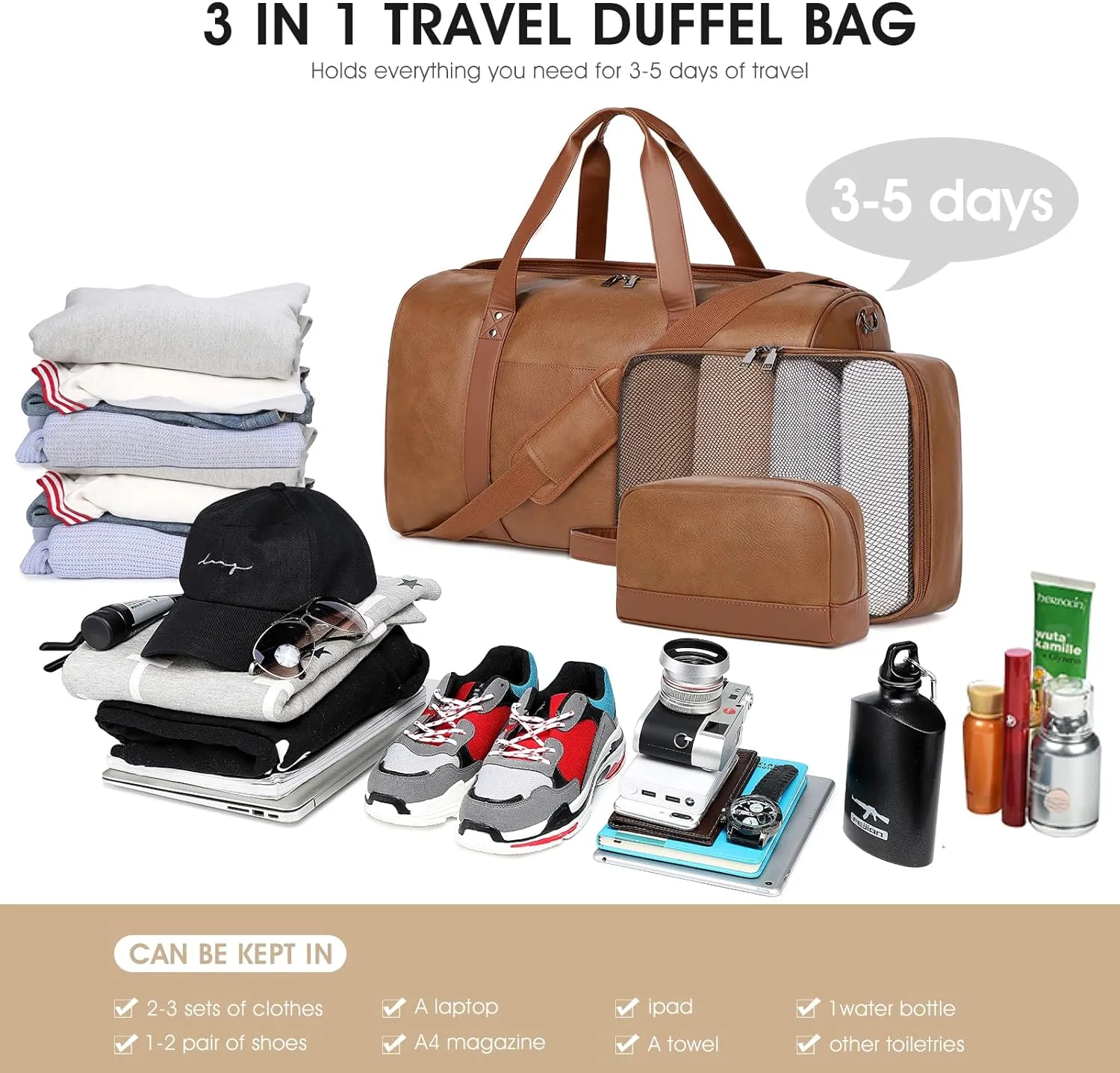 Wogarl 3PCS Faux Leather Weekender Bag for Women Men Large Overnight Bag Travel Duffel Bag with Shoe Compartment Toiletry Packing Cube Carry On Bag Fit 21" Laptop(Light Brown)