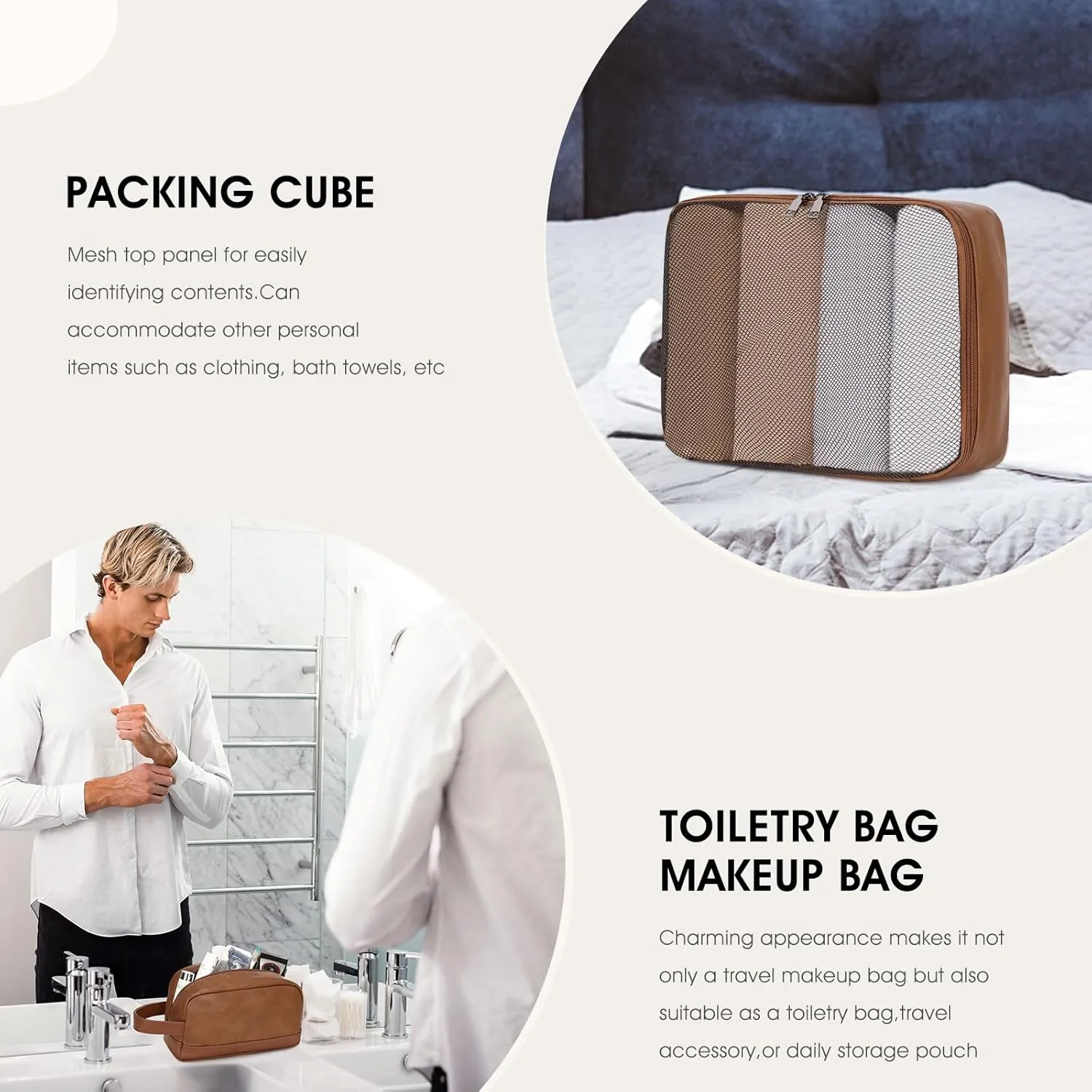 Wogarl 3PCS Faux Leather Weekender Bag for Women Men Large Overnight Bag Travel Duffel Bag with Shoe Compartment Toiletry Packing Cube Carry On Bag Fit 21" Laptop(Light Brown)