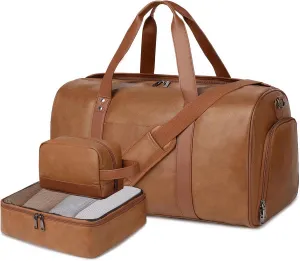 Wogarl 3PCS Faux Leather Weekender Bag for Women Men Large Overnight Bag Travel Duffel Bag with Shoe Compartment Toiletry Packing Cube Carry On Bag Fit 21" Laptop(Light Brown)