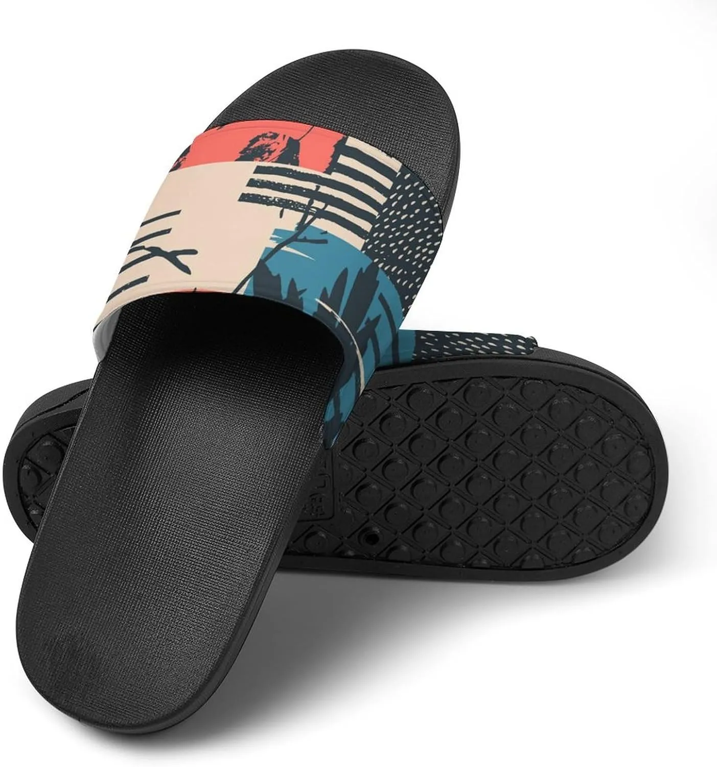 Women Men Slide Slippers Sandals Shower Home Beach House Shoes Gifts, Vintage Autumn with Leaves Abstract Stripes
