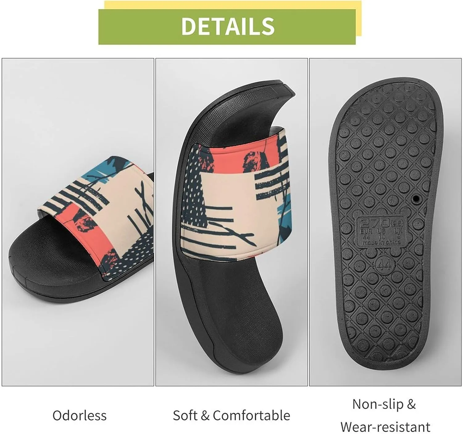 Women Men Slide Slippers Sandals Shower Home Beach House Shoes Gifts, Vintage Autumn with Leaves Abstract Stripes