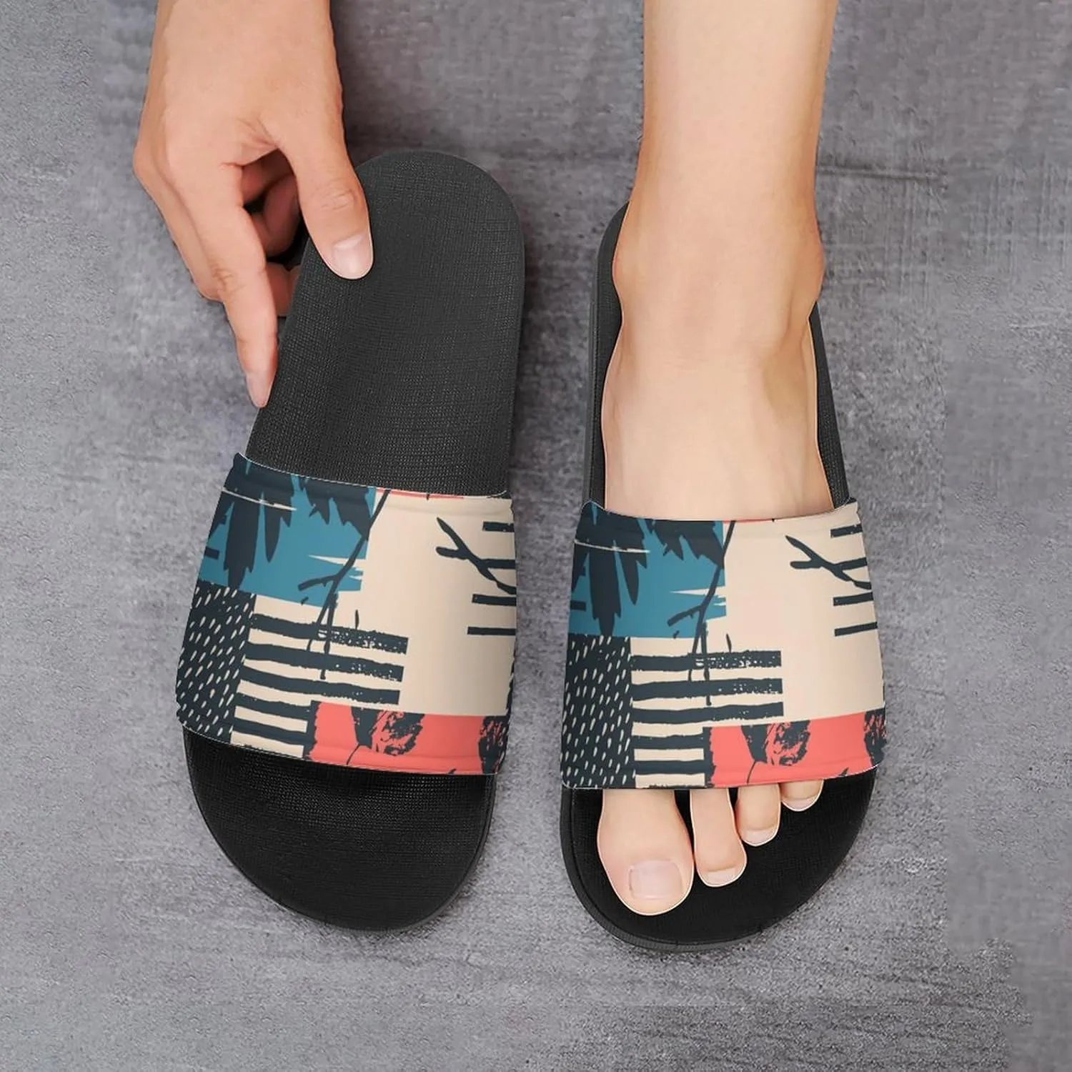 Women Men Slide Slippers Sandals Shower Home Beach House Shoes Gifts, Vintage Autumn with Leaves Abstract Stripes