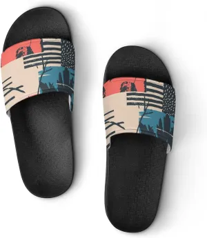 Women Men Slide Slippers Sandals Shower Home Beach House Shoes Gifts, Vintage Autumn with Leaves Abstract Stripes