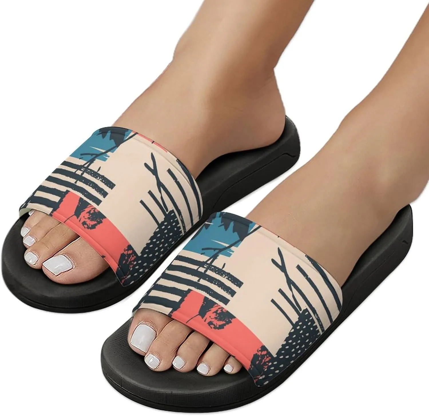 Women Men Slide Slippers Sandals Shower Home Beach House Shoes Gifts, Vintage Autumn with Leaves Abstract Stripes