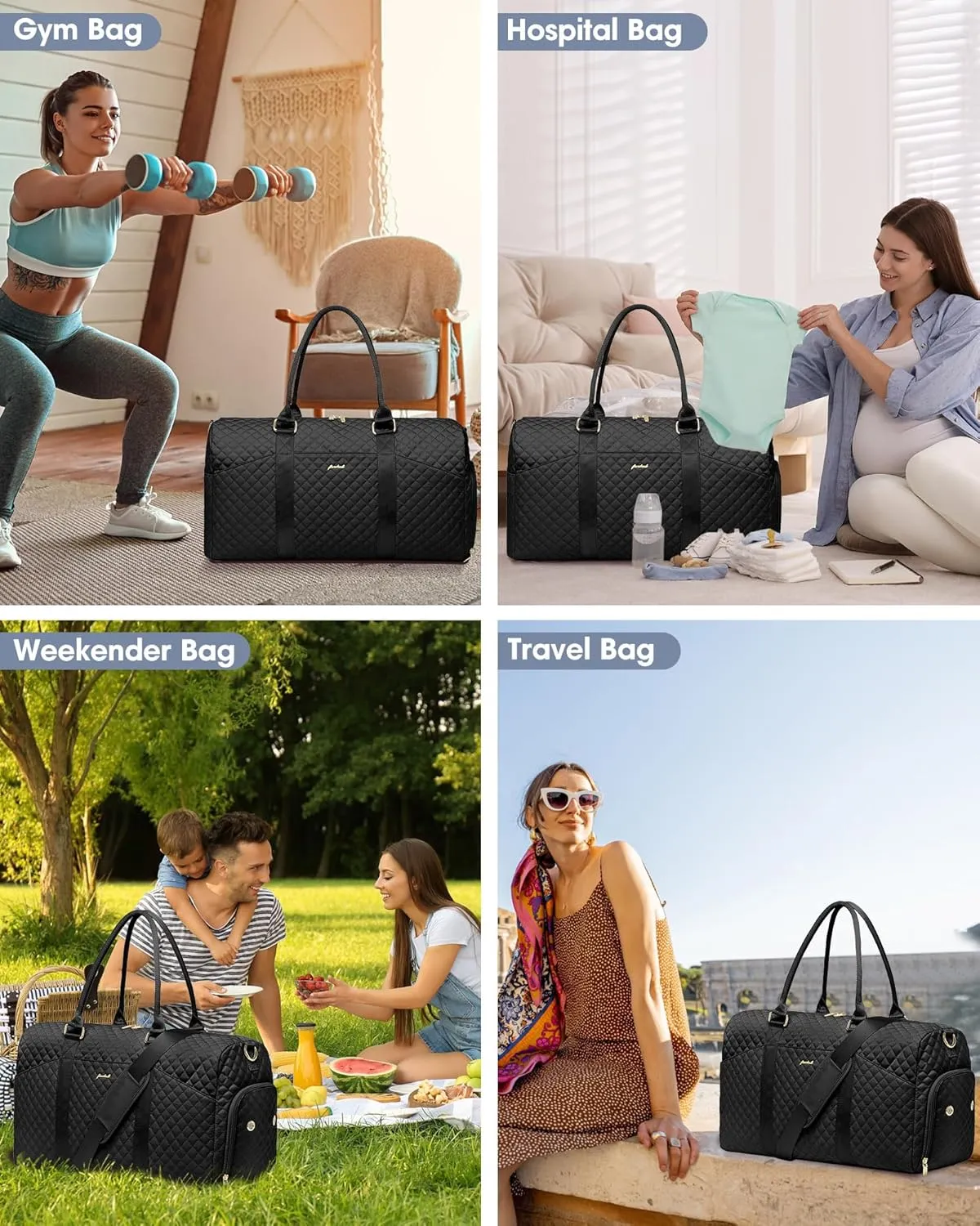 Women Weekender Travel Duffle Bag: Travel Duffel Overnight Bags with Shoe Compartment Large Carry on Tote Bag with Toiletry Bag Weekend Traveling Yoga Gym Hospital Bag for Women with Wet Pocket Black