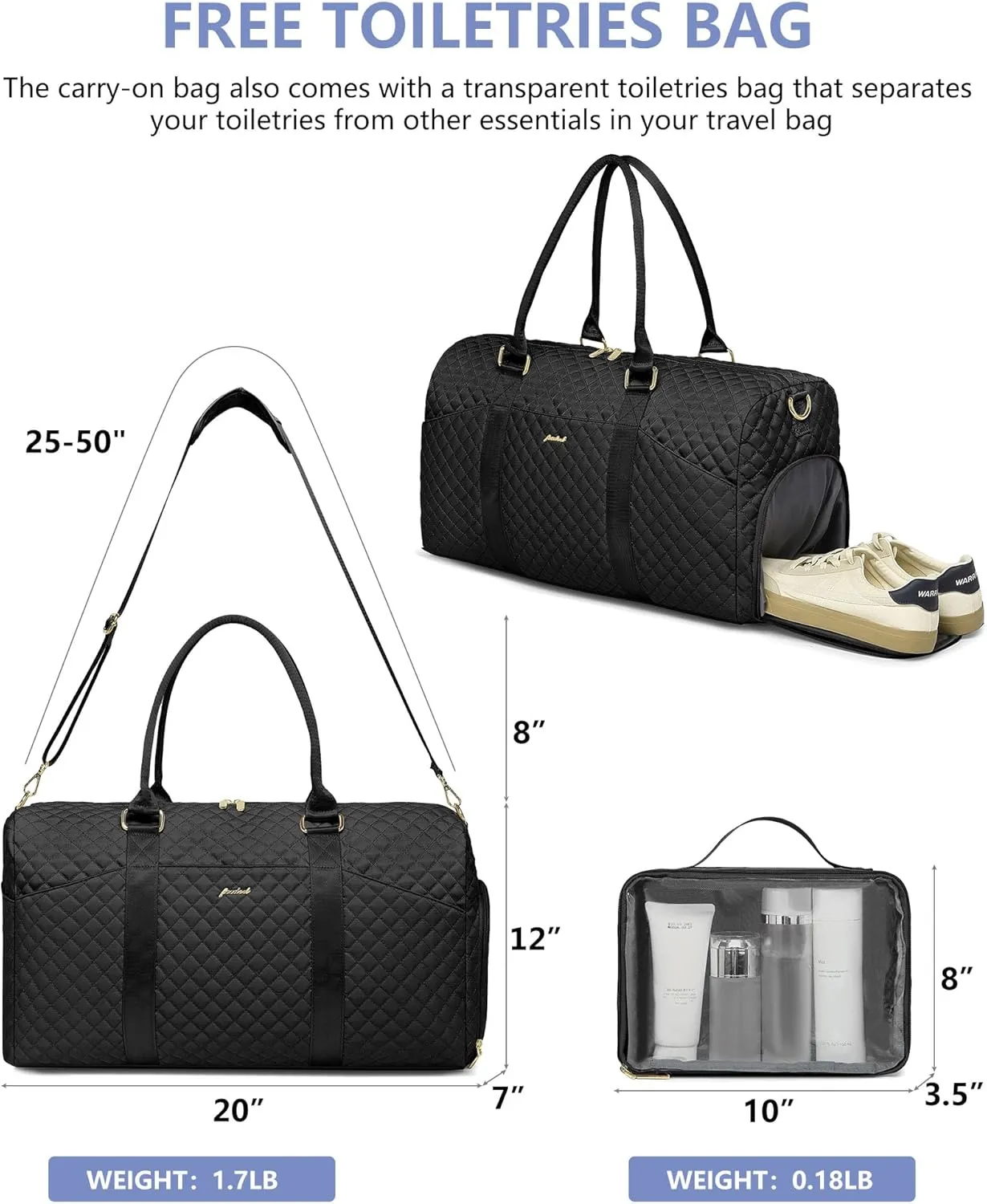 Women Weekender Travel Duffle Bag: Travel Duffel Overnight Bags with Shoe Compartment Large Carry on Tote Bag with Toiletry Bag Weekend Traveling Yoga Gym Hospital Bag for Women with Wet Pocket Black
