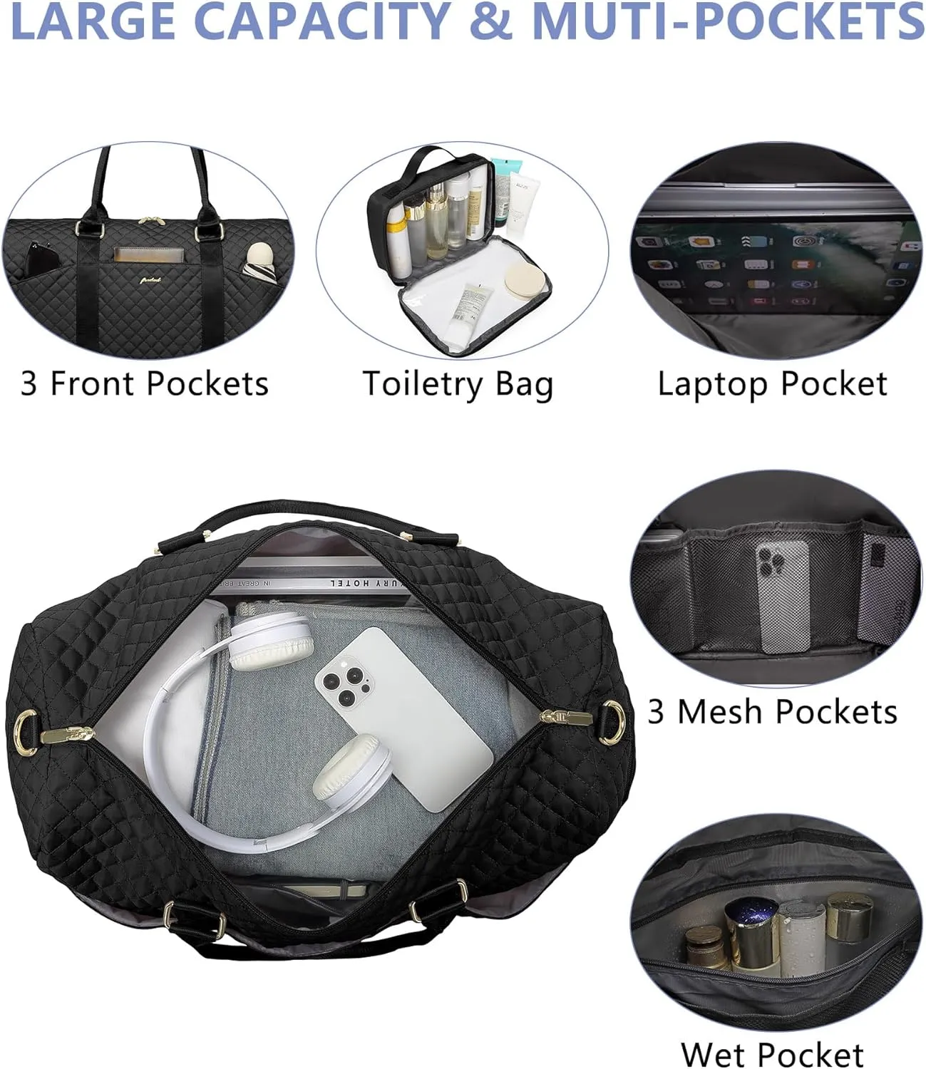 Women Weekender Travel Duffle Bag: Travel Duffel Overnight Bags with Shoe Compartment Large Carry on Tote Bag with Toiletry Bag Weekend Traveling Yoga Gym Hospital Bag for Women with Wet Pocket Black