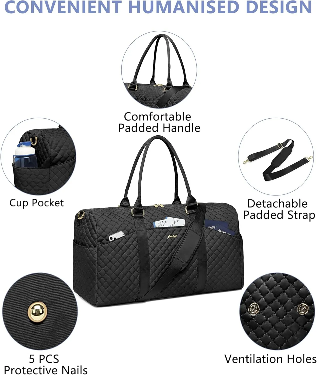 Women Weekender Travel Duffle Bag: Travel Duffel Overnight Bags with Shoe Compartment Large Carry on Tote Bag with Toiletry Bag Weekend Traveling Yoga Gym Hospital Bag for Women with Wet Pocket Black
