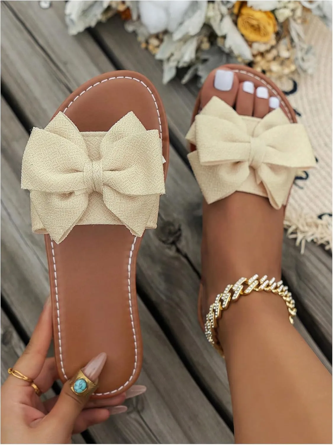 Women's Bow Flat Sandals Dressy Slide Sandals Open Toe Summer Beach Flat Shoes Slippers Slip on Slide
