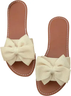 Women's Bow Flat Sandals Dressy Slide Sandals Open Toe Summer Beach Flat Shoes Slippers Slip on Slide