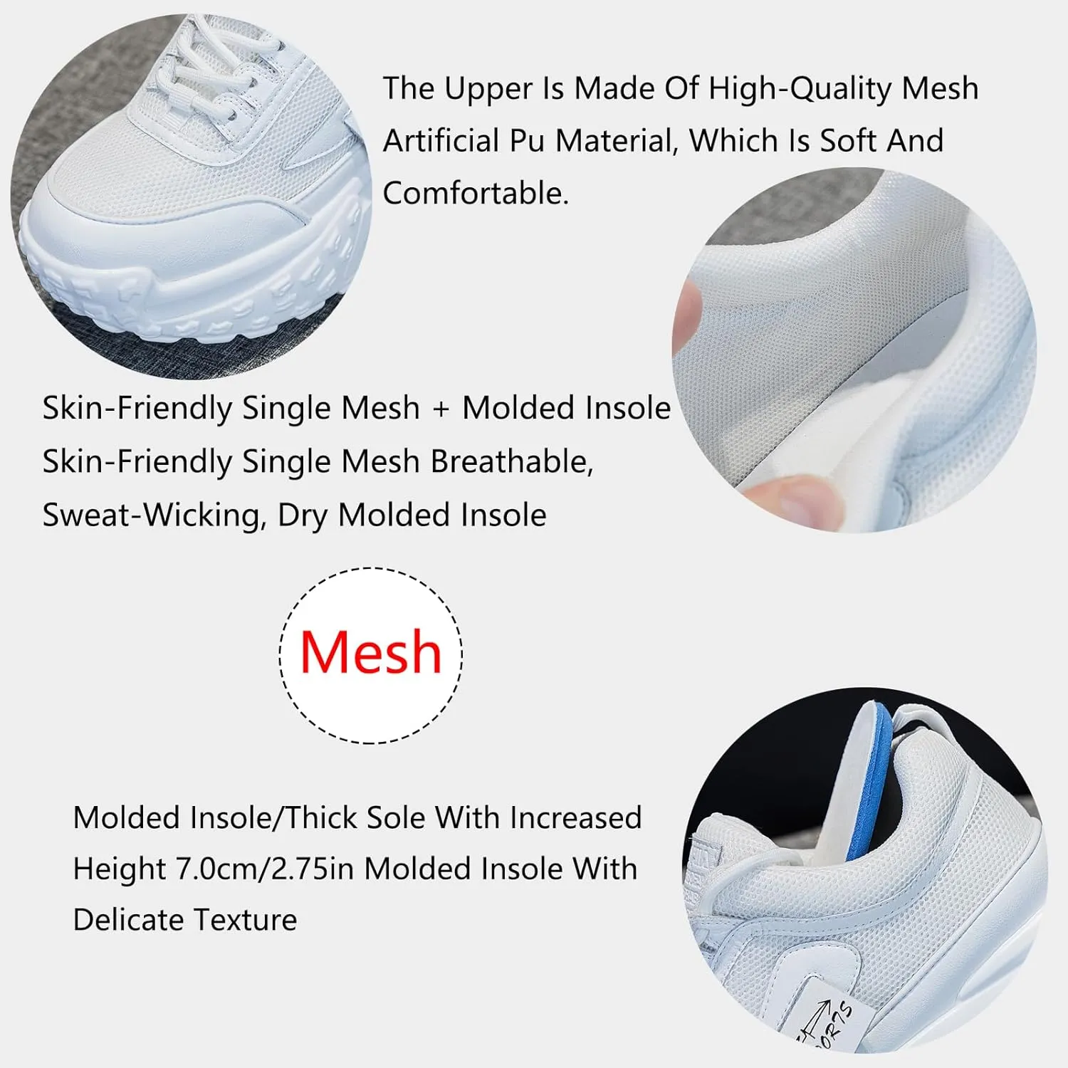 Women's Chunky Increase Height Lace-up Fashion Sneakers Shiny Anti-Slip Wear-Resistant Breathable Platform Wedge Low-top Sport Walking Shoes