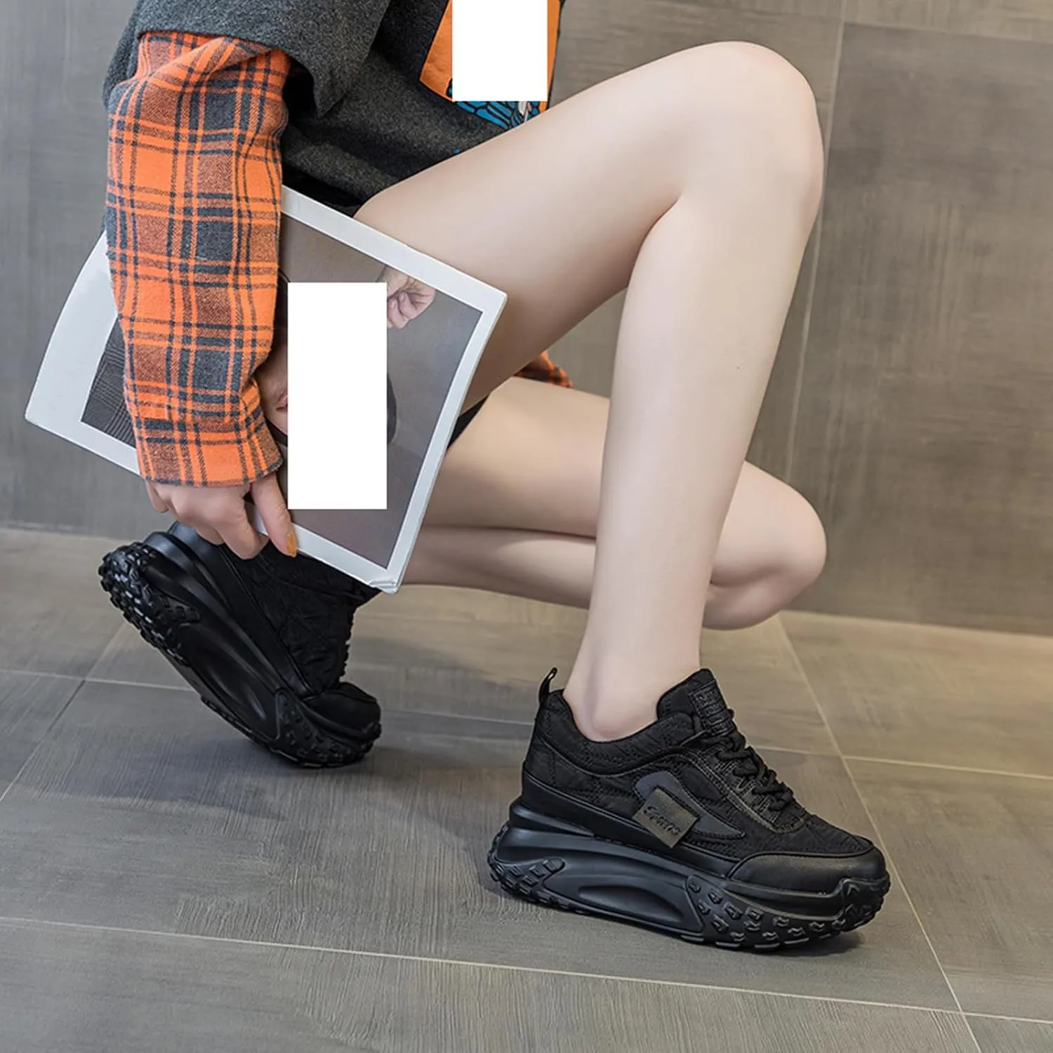 Women's Chunky Increase Height Lace-up Fashion Sneakers Shiny Anti-Slip Wear-Resistant Breathable Platform Wedge Low-top Sport Walking Shoes