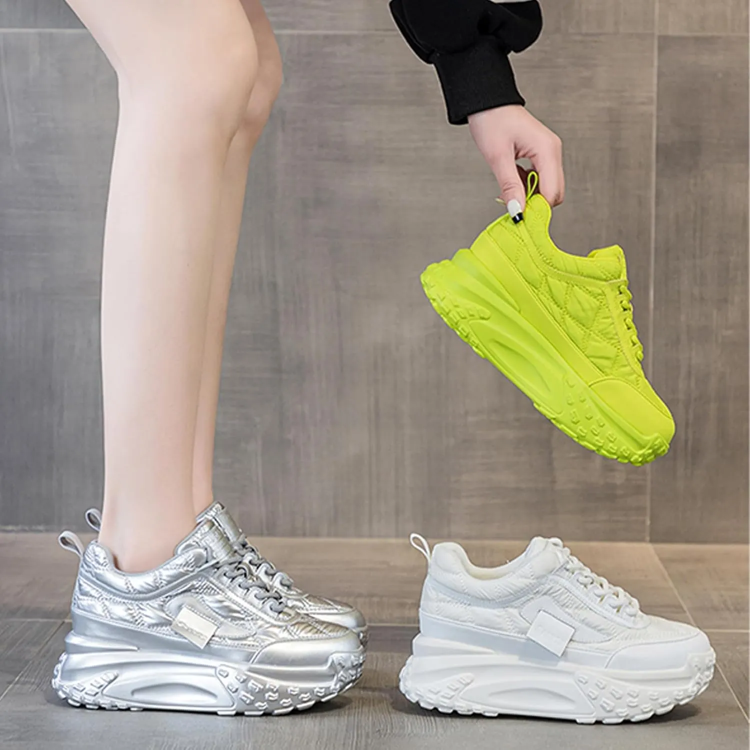 Women's Chunky Increase Height Lace-up Fashion Sneakers Shiny Anti-Slip Wear-Resistant Breathable Platform Wedge Low-top Sport Walking Shoes