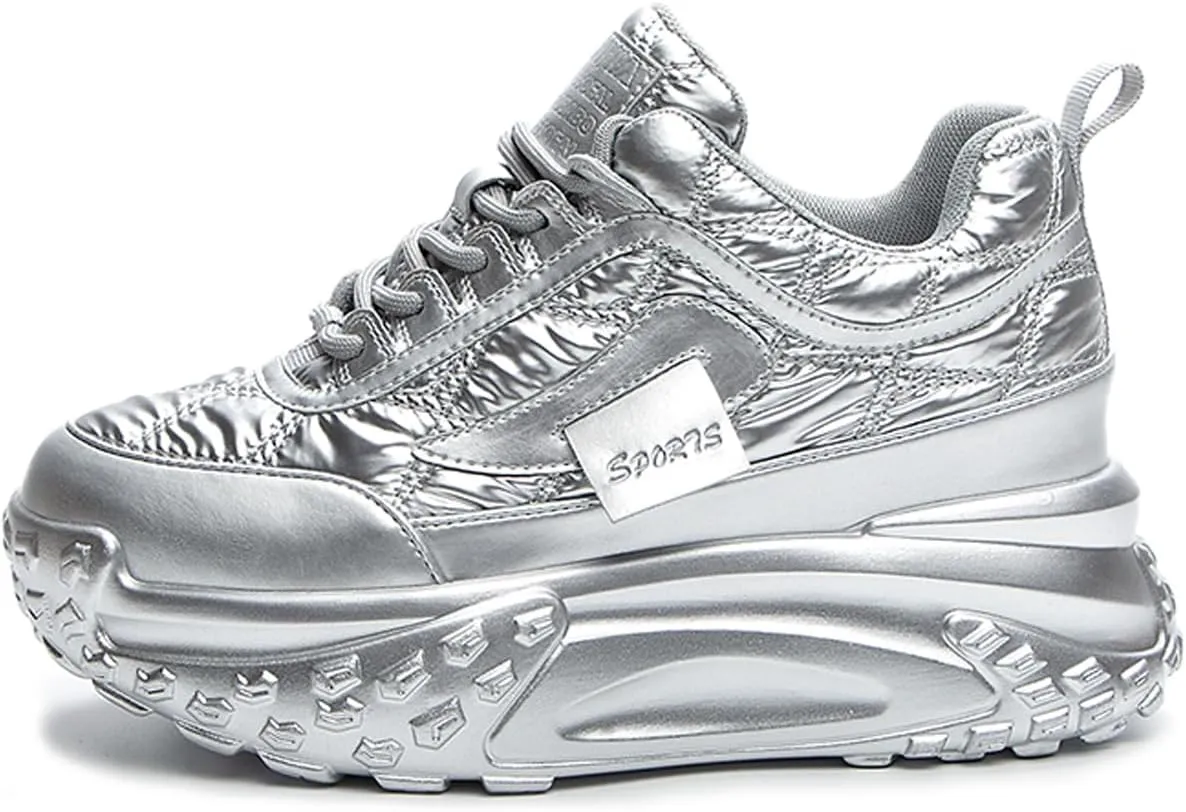 Women's Chunky Increase Height Lace-up Fashion Sneakers Shiny Anti-Slip Wear-Resistant Breathable Platform Wedge Low-top Sport Walking Shoes