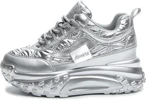 Women's Chunky Increase Height Lace-up Fashion Sneakers Shiny Anti-Slip Wear-Resistant Breathable Platform Wedge Low-top Sport Walking Shoes