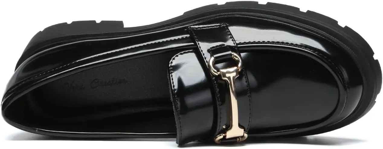 Women's Chunky Platform Loafers with Chain or Buckle Patent Leather Black Penny Loafers Fashion Office Shoes School Dress Shoes Comfort Slip-on