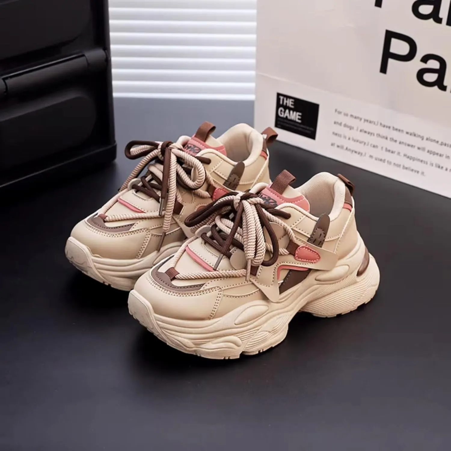 Womens Fashion Leather Lace Up Chunky Platform Sneakers Casual Breathable Shock Absorbing Heighten Walking Workout Driving Shoes