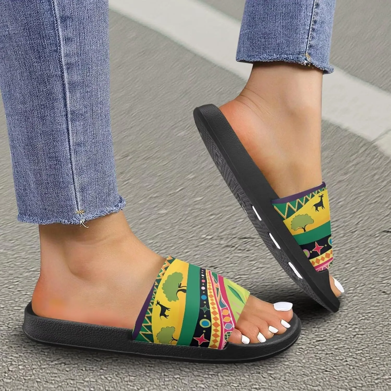 Women's Floral Printed Beach Sandals Non-Slip Soft Comfort Slide Sandals Cartoon Animal House Slippers Filp-Flops for Ladies Girls Gift for Wife Daughters Sisters Size 5-10