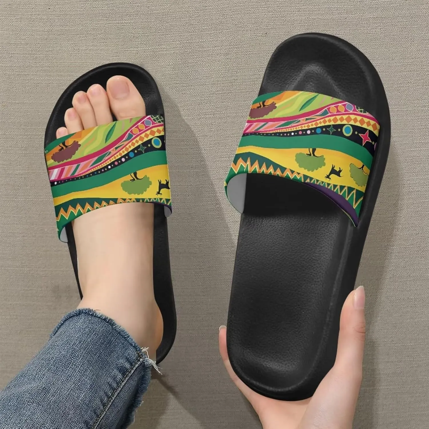 Women's Floral Printed Beach Sandals Non-Slip Soft Comfort Slide Sandals Cartoon Animal House Slippers Filp-Flops for Ladies Girls Gift for Wife Daughters Sisters Size 5-10