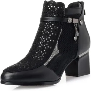 Womens Genuine Leather Fashion Rhinestone Mesh Yarn Ankle Boot Comfort Cutout Back Zipper Non-Slip Chunky Heel Mid Heel Boots Closed Pointed Toe Summer Ankle Boot For Dress Wedding Party Prom
