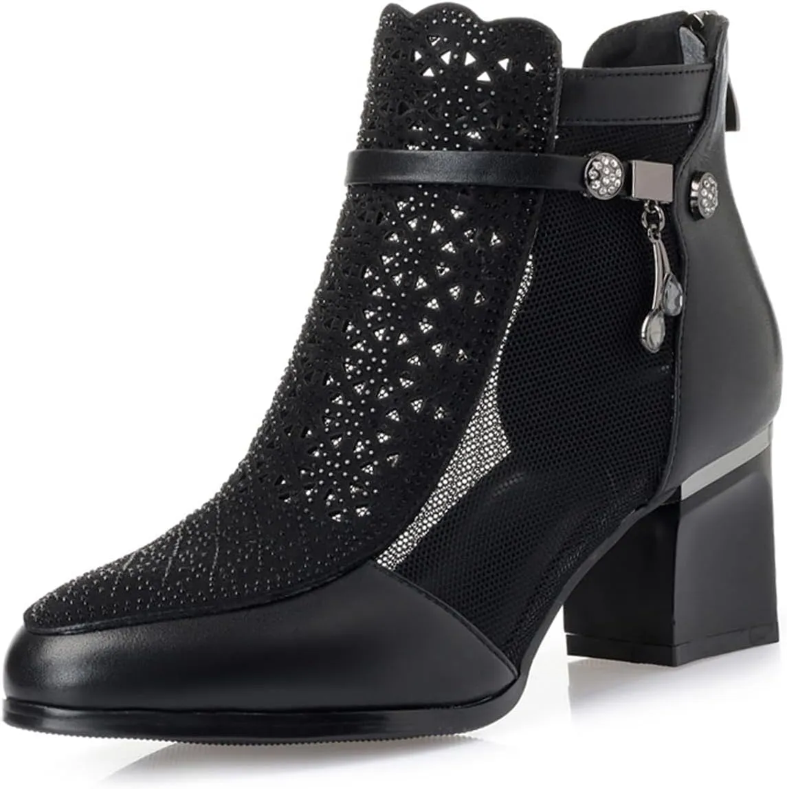 Womens Genuine Leather Fashion Rhinestone Mesh Yarn Ankle Boot Comfort Cutout Back Zipper Non-Slip Chunky Heel Mid Heel Boots Closed Pointed Toe Summer Ankle Boot For Dress Wedding Party Prom