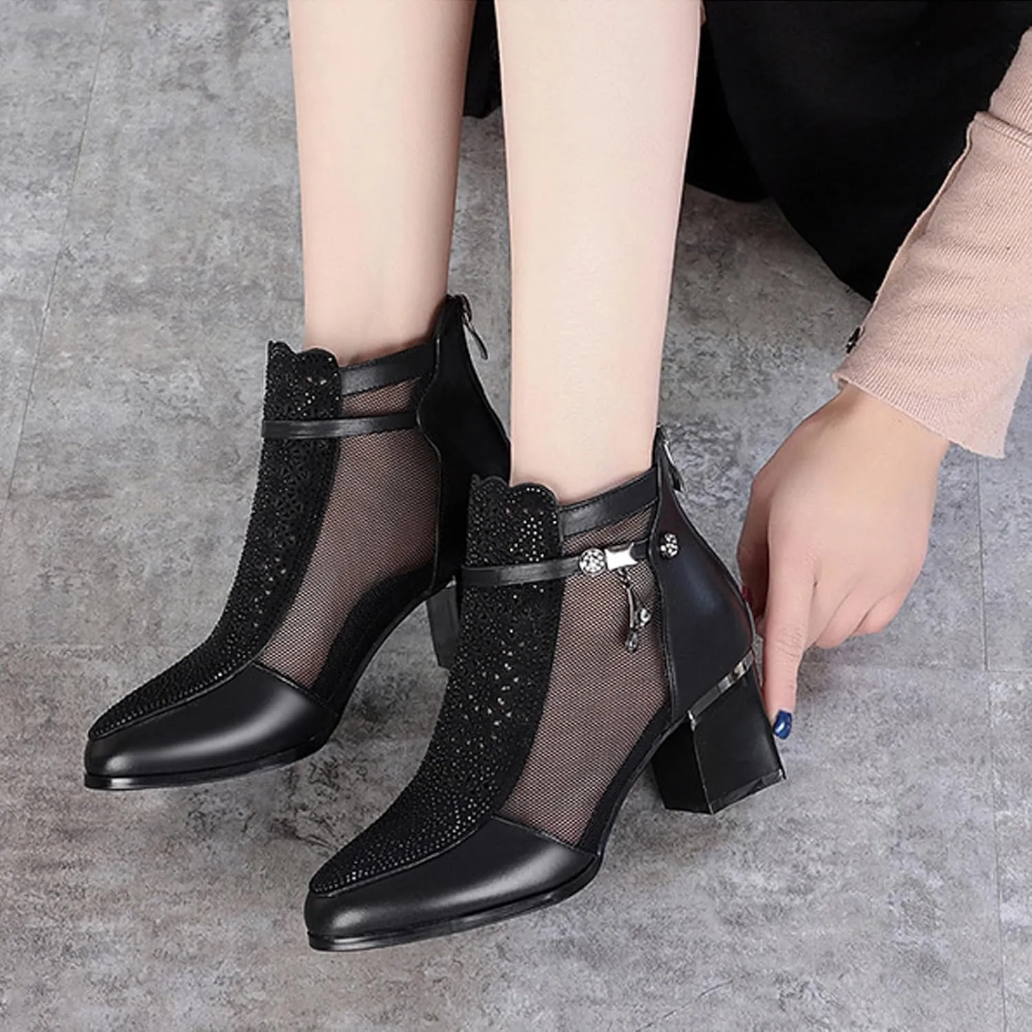 Womens Genuine Leather Fashion Rhinestone Mesh Yarn Ankle Boot Comfort Cutout Back Zipper Non-Slip Chunky Heel Mid Heel Boots Closed Pointed Toe Summer Ankle Boot For Dress Wedding Party Prom