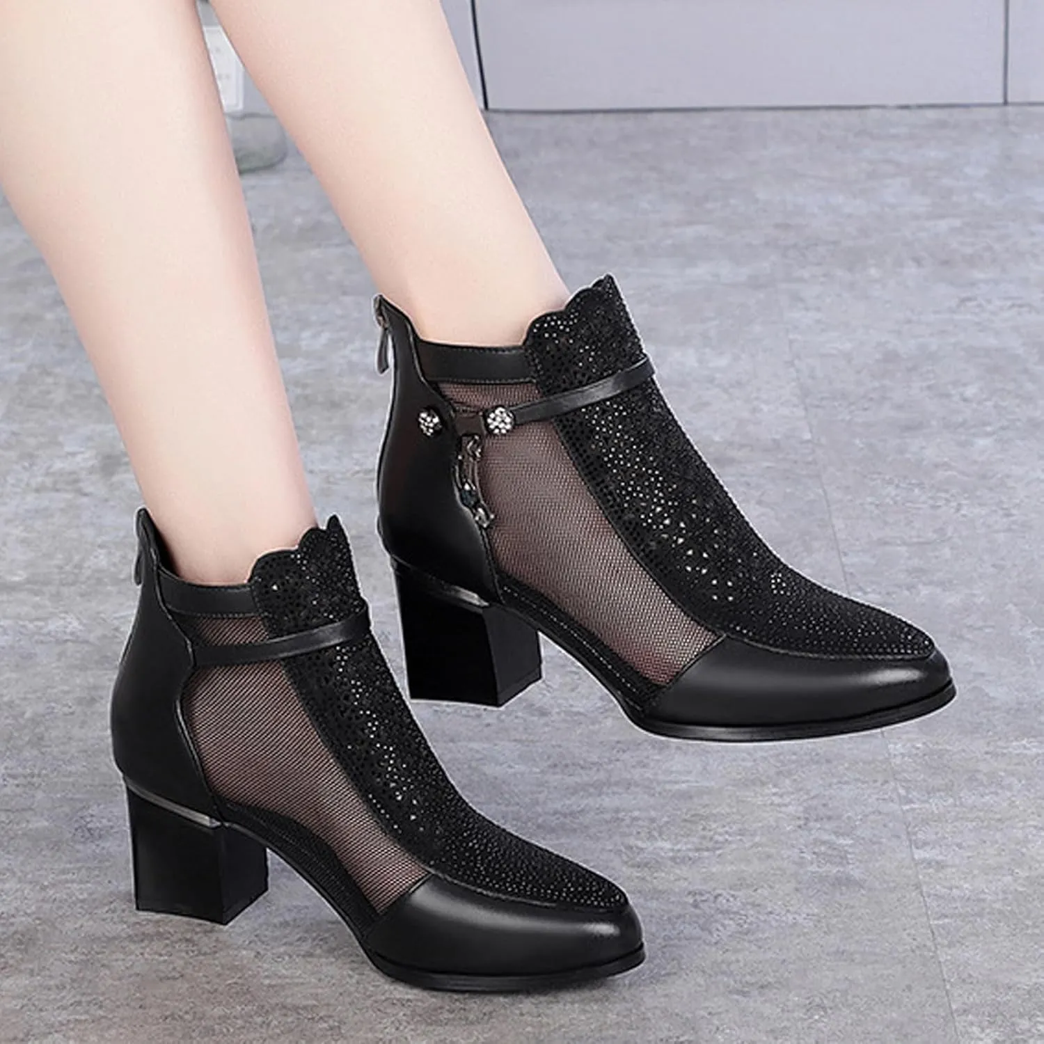 Womens Genuine Leather Fashion Rhinestone Mesh Yarn Ankle Boot Comfort Cutout Back Zipper Non-Slip Chunky Heel Mid Heel Boots Closed Pointed Toe Summer Ankle Boot For Dress Wedding Party Prom