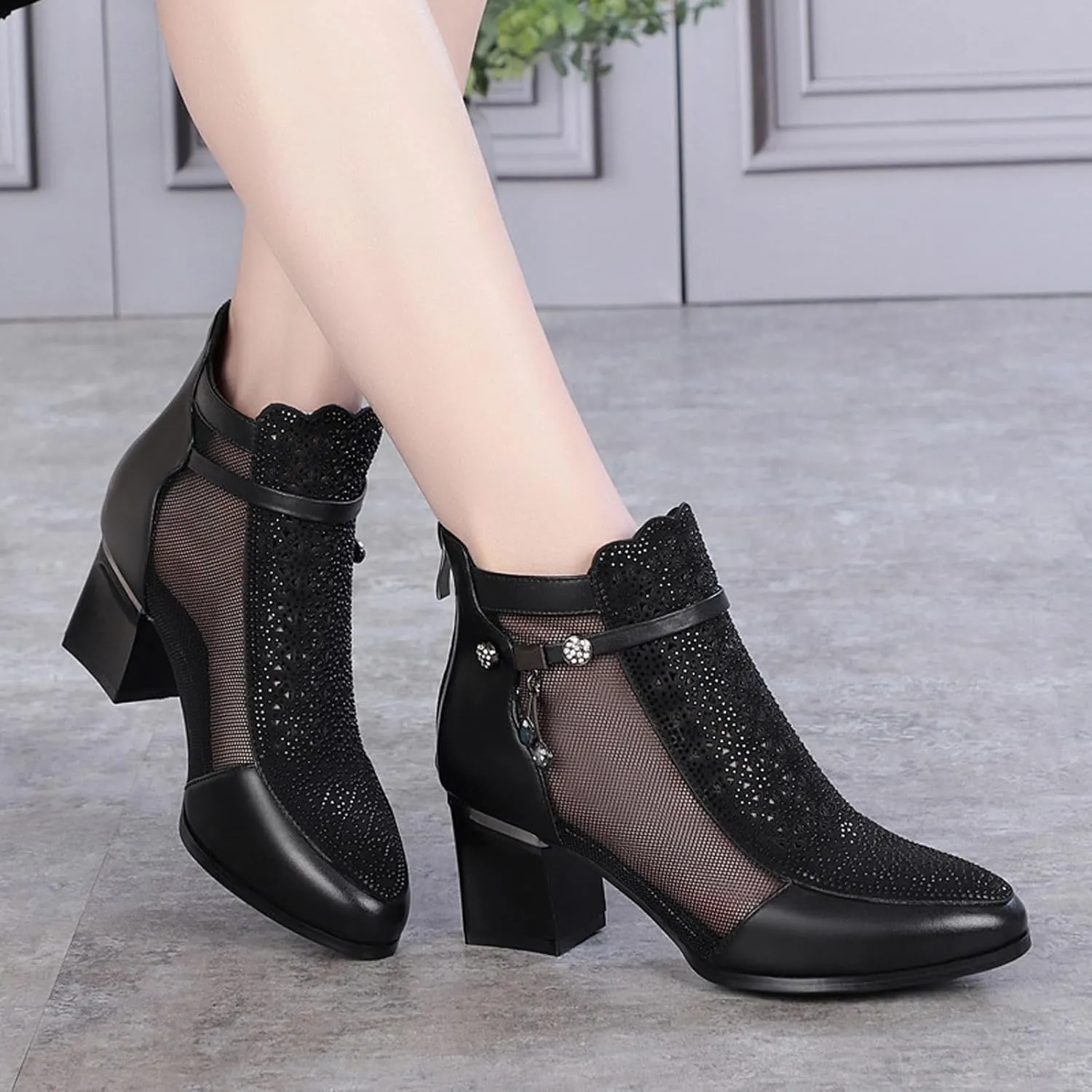Womens Genuine Leather Fashion Rhinestone Mesh Yarn Ankle Boot Comfort Cutout Back Zipper Non-Slip Chunky Heel Mid Heel Boots Closed Pointed Toe Summer Ankle Boot For Dress Wedding Party Prom