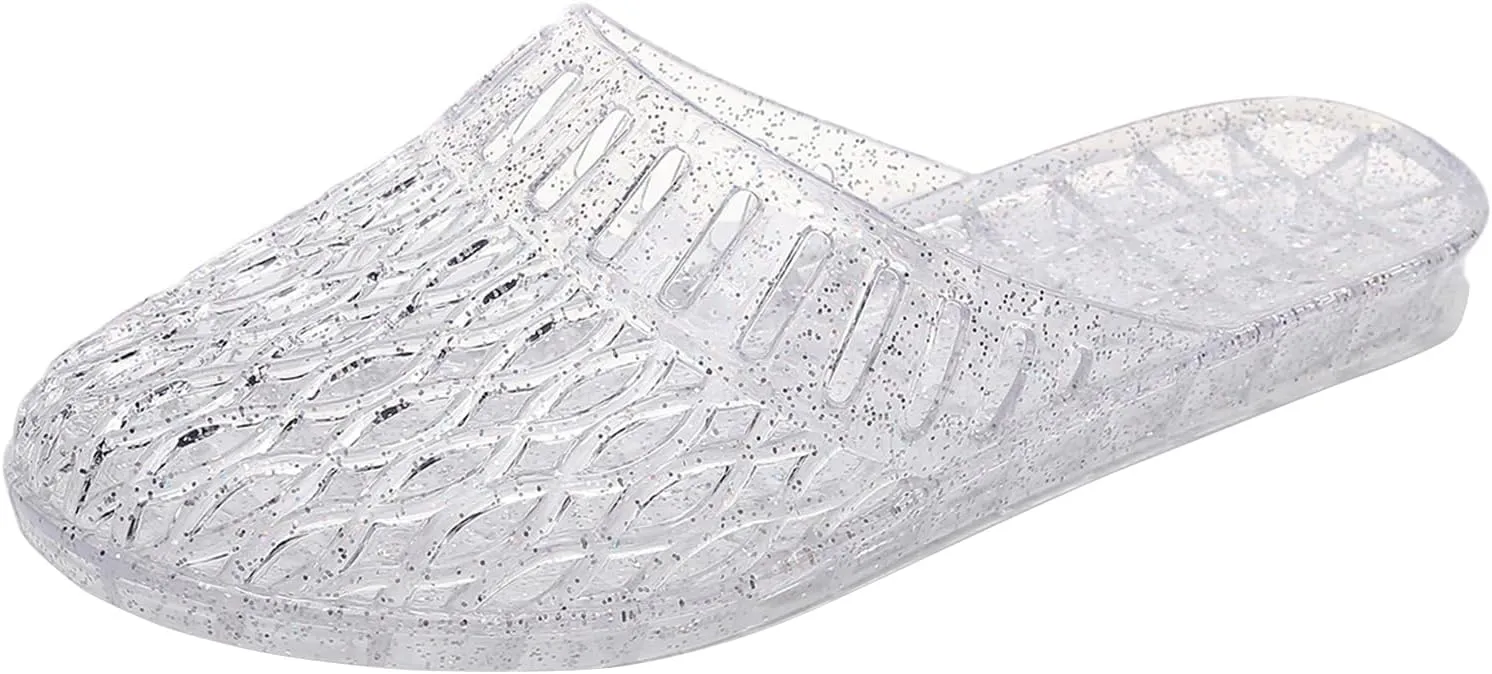 Womens Jelly Shoes, White Jellies Sandals Glitter Clear Flats Slip On Summer Beach Slippers Transparent Closed Toe Soft Slide