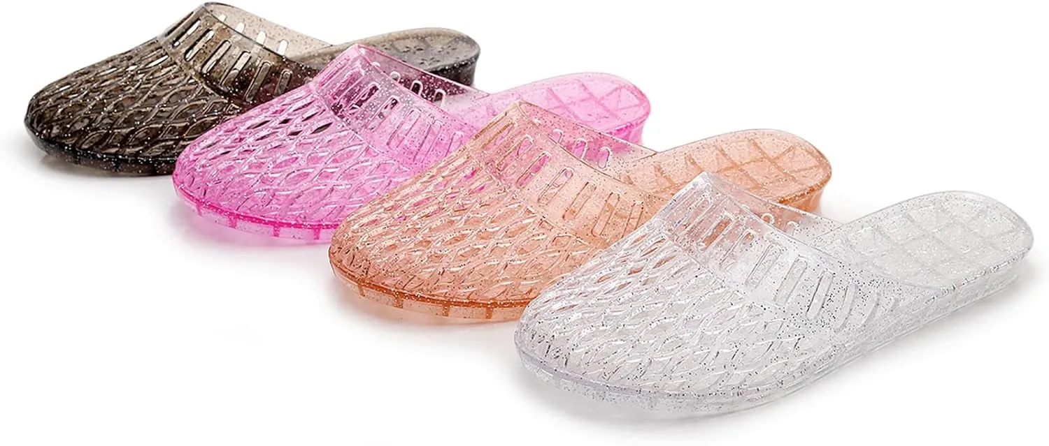 Womens Jelly Shoes, White Jellies Sandals Glitter Clear Flats Slip On Summer Beach Slippers Transparent Closed Toe Soft Slide