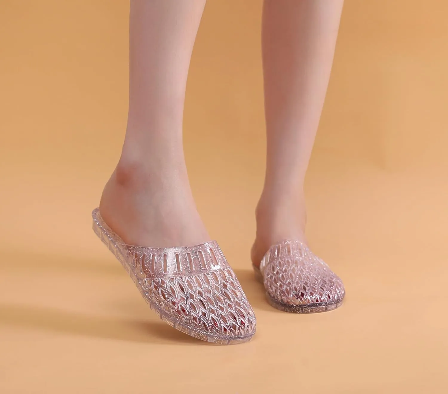 Womens Jelly Shoes, White Jellies Sandals Glitter Clear Flats Slip On Summer Beach Slippers Transparent Closed Toe Soft Slide