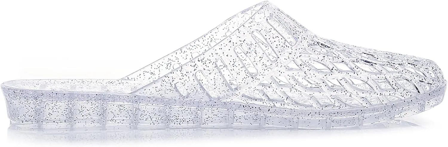 Womens Jelly Shoes, White Jellies Sandals Glitter Clear Flats Slip On Summer Beach Slippers Transparent Closed Toe Soft Slide