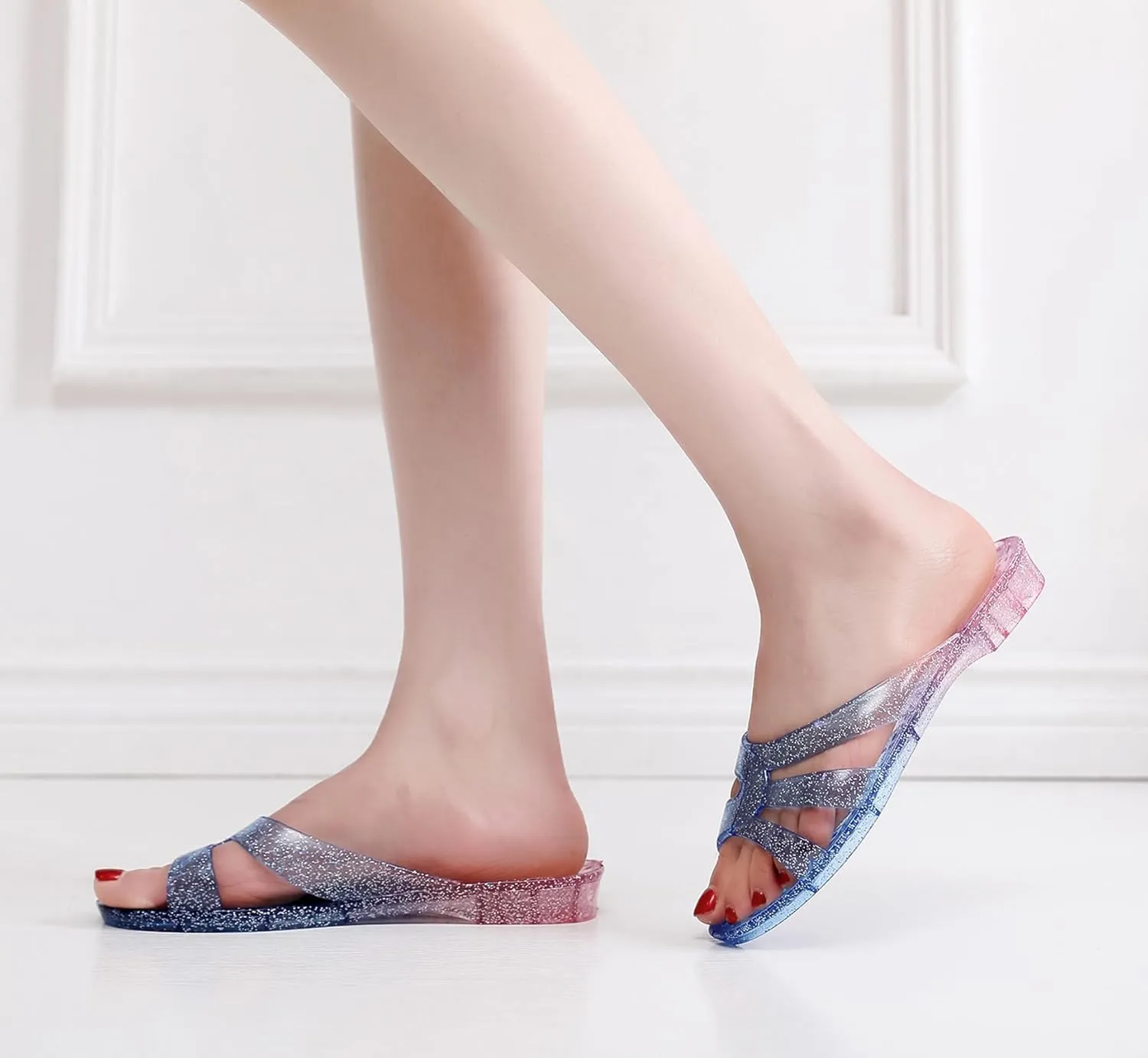 Womens Jelly Shoes, White Jellies Sandals Glitter Clear Flats Slip On Summer Beach Slippers Transparent Closed Toe Soft Slide