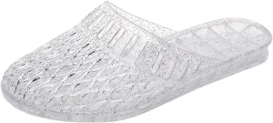 Womens Jelly Shoes, White Jellies Sandals Glitter Clear Flats Slip On Summer Beach Slippers Transparent Closed Toe Soft Slide
