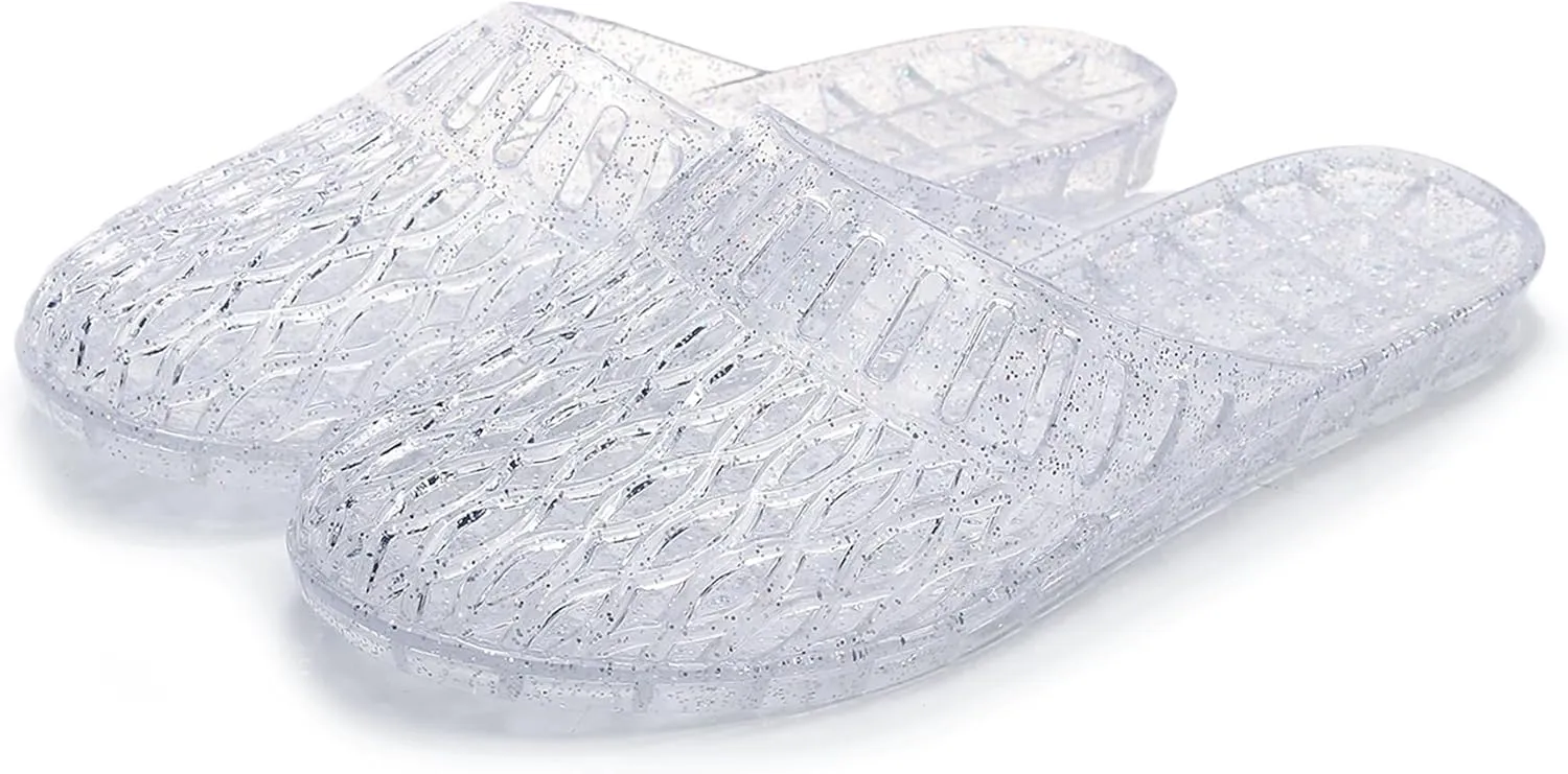 Womens Jelly Shoes, White Jellies Sandals Glitter Clear Flats Slip On Summer Beach Slippers Transparent Closed Toe Soft Slide